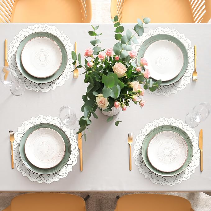 MCEAST 100 Pack Round White Paper Doilies 13.5 Inches Lace Paper Place Mats Rustic Scallop Doily Disposable Paper Table Pads for Food Cakes Crafts Party Weddings Tableware Decor
