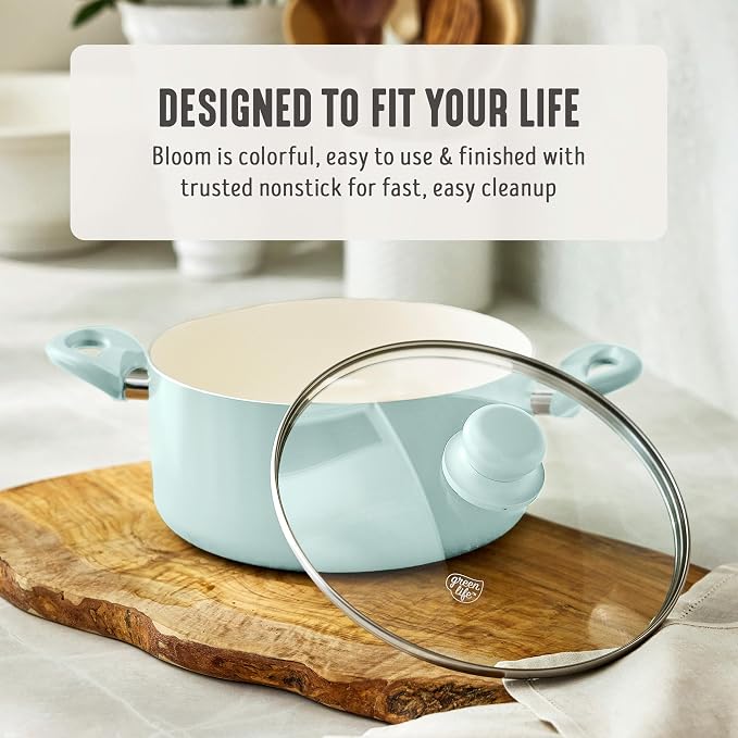 GreenLife 5QT Ceramic Nonstick Stockpot with Lid, Mint Green | PFAS-Free Nonstick Coating, Casserole Pot, Soup Pot, Pasta Pot, Induction Ready, All Stovetop Compatible, Dishwasher Safe