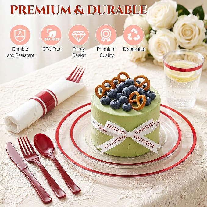 Glowserve 25 Guests 175 PCS Disposable Plastic Plates Clear Dinnerware Sets | 50 Plastic Plates,75 Silverware,25 Plastic Cups,25 Rolled Napkins,for Party Wedding,Red Rimmed Plates