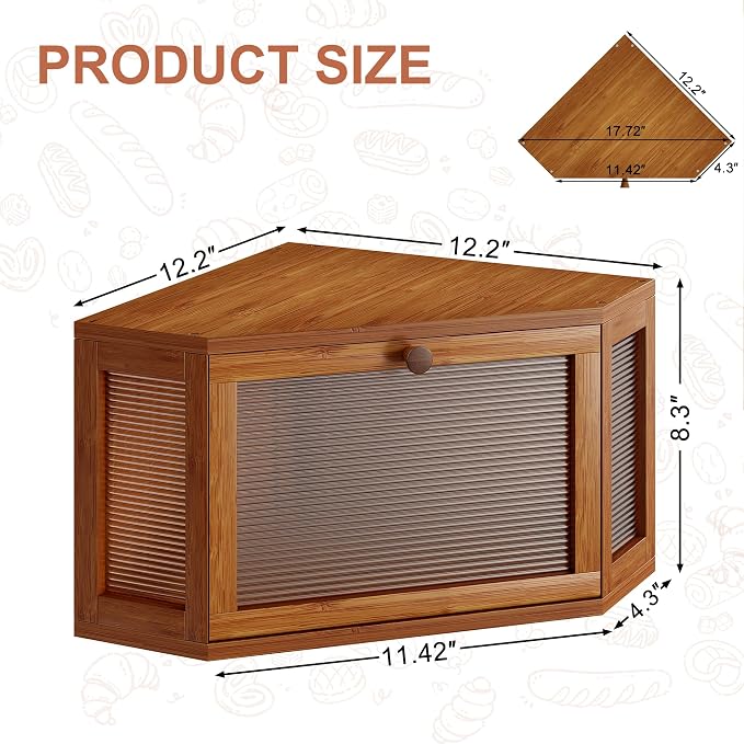 WOWLIVE Corner Bread Box, Bamboo Bread Storage with Acrylic Wavy Door | Breadbox for Kitchen Countertop, Large Farmhouse Bread Holder for Homemade Bread, Multi-functional Container, Caramel