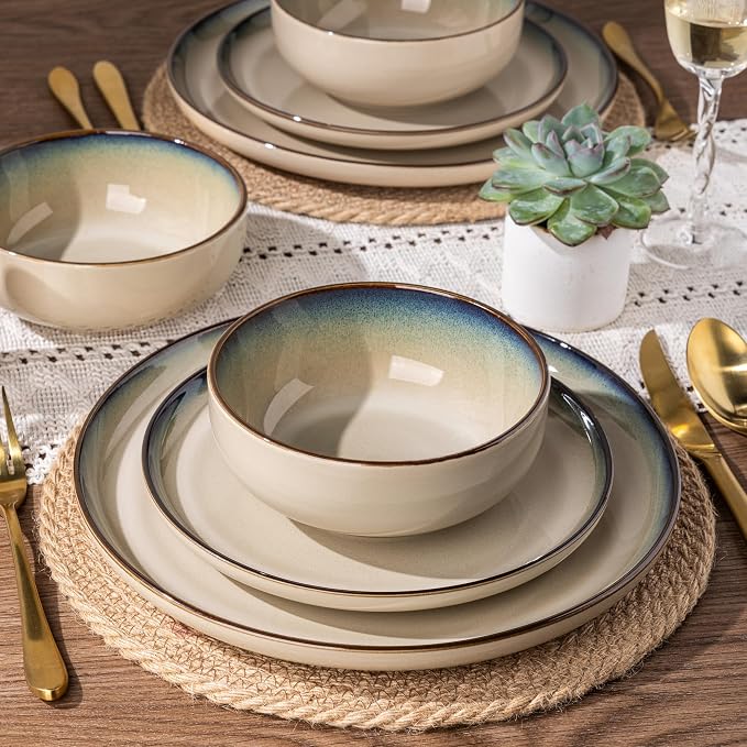 GBHOME Dinnerware Sets for 8, 32 Pieces Ceramic Plates and Bowls Set | Scratch Resistant Stoneware Dishes Set, Dishwasher & Microwave Safe, Reactive Glaze-Pale Khaki