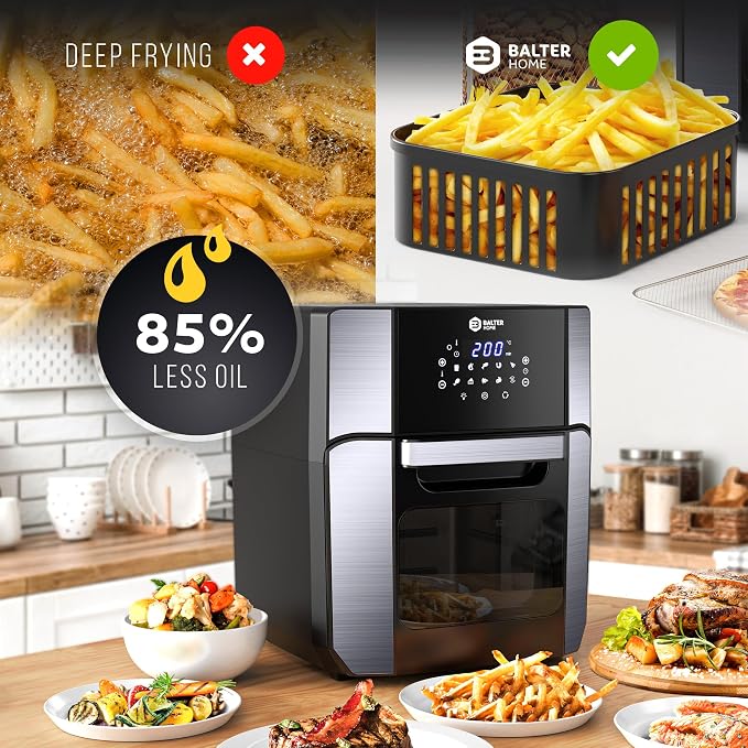 Balter Air Fryer Oven 6-in-1, 13 QT XXL Airfryer, stainless steel, Touchscreen, Rotisserie, Food Dehydrator, Convection Oven, Bake, Broil, Reheat, Windowed Door, Recipe Book