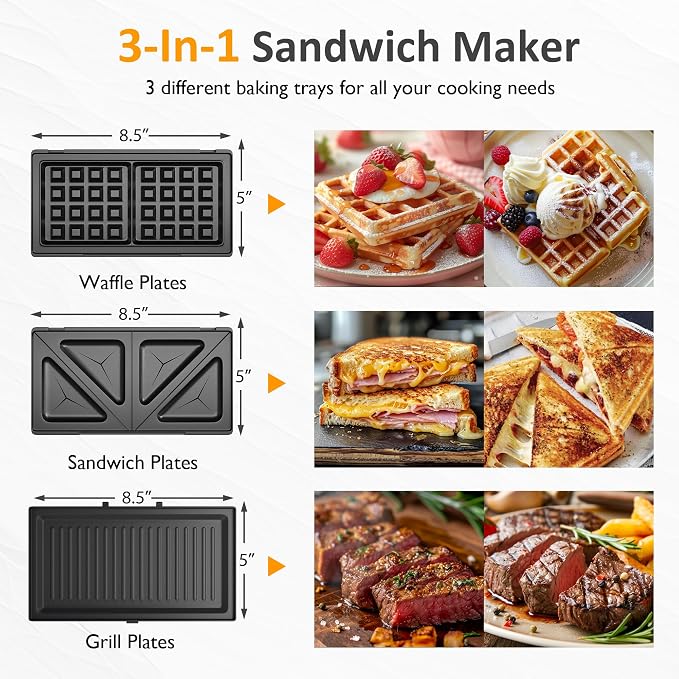 3 in 1 Electric Sandwich Maker with Removable Nonstick Plates - 1000W,Blue | for Belgian Waffle/Panini/Grill/Pancake Griddle/Breakfast,Dishwasher Safe,Cool Touch Handle,Easy to Clean & Store