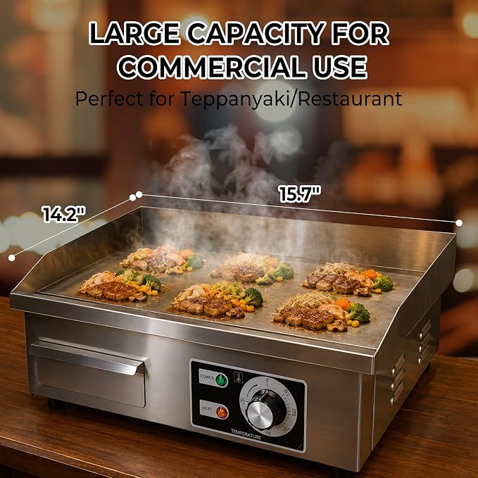 Stainless Steel Electric Griddle, Flat Top Grill for Countertop, Indoor Use | 1700W, 14.2"×15.7" Nonstick Surface, 122°F–572°F Temp Control, Removable Drip Tray for Easy Clean, Grill for Home& Commercial