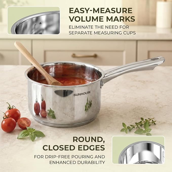 SUNHOUSE 2 QT Stainless Steel Sauce Pan with Lid, Small Pot for Cooking | PFOA-Free Uncoated Milk Pan & Butter Warmer, Mini Saucepan with Impact Bonding Base for Induction, Gas, Electric