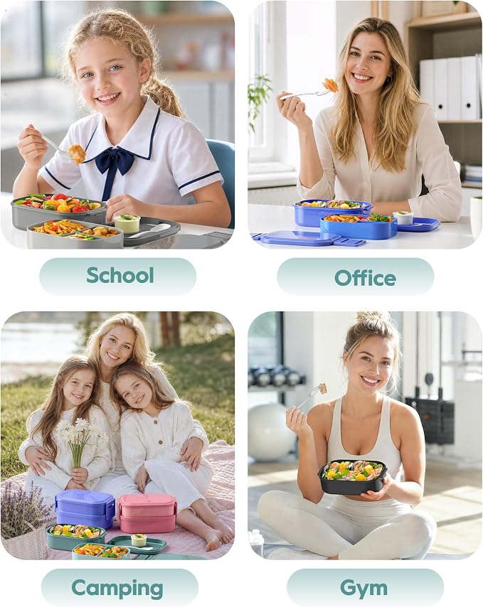 BiuLeon Bento Box Adult Lunch Box, 65 Oz Capacity Lunch Containers(Adjustable 2/3 Tier), BPA-Free, Leak-Proof and Stackable Bento Lunch Box, Microwave & Dishwasher Safe with Utensils(Black)