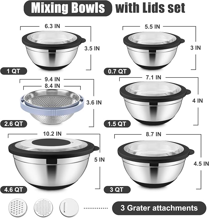 E-far Stainless Steel Mixing Bowls with Lids & Colander, 15PCS | Nesting Mixing Bowl with Non-Slip Bottom & 3 Metal Grater, For Kitchen Prep Baking Storage, 4.6, 3, 1.5, 1, 0.7QT, Black