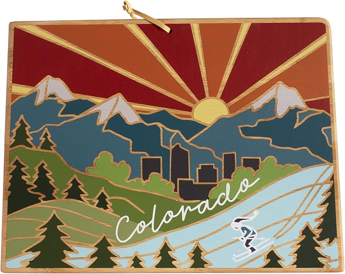 Totally Bamboo Colorado State Shaped Cutting Board, Summer Stokes Art | State charcuterie board with colorful hand-drawn landscape art. Smooth reverse side for food prep. Hang tie for wall display.