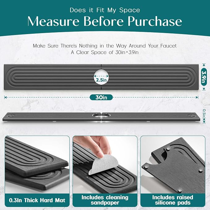 30 inch Kitchen Faucet Absorbent Mat - Diatomaceous Earth Splash Guard for Sink Faucet, Aesthetic Water Absorbing Stone Tray in The Modern Home (30" x 3.9", Dark grey)