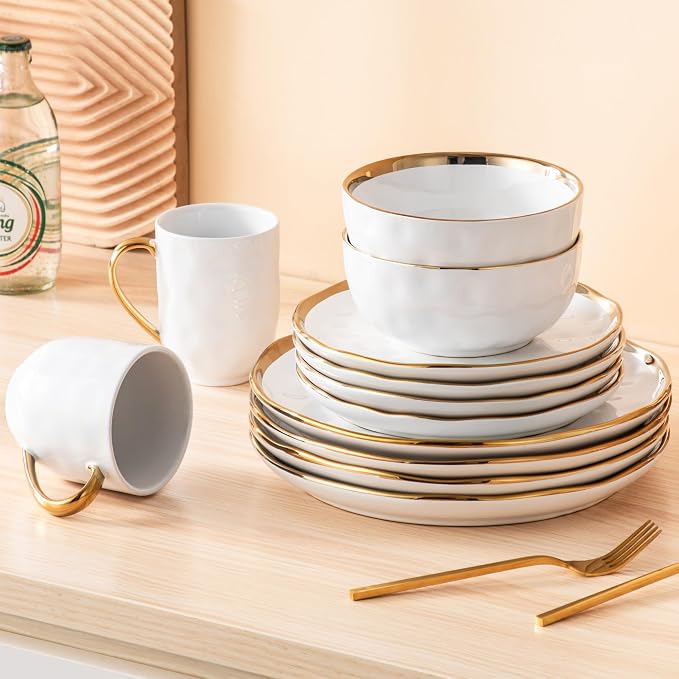 LOVECASA 16 Pieces Plates and Bowls Sets, Porcelain White and Gold Dinnerware Sets, Round Dinner Plates Dishes Set Service for 4, Dishwasher Safe and Scratch Resistant, White
