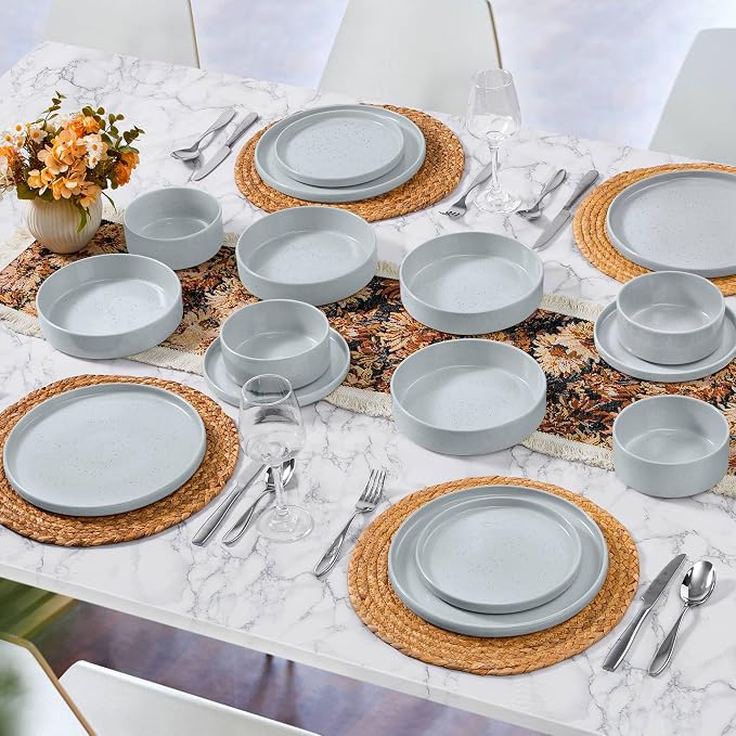 Herogo Stoneware Dinnerware Set with Salad Bowls, 24 Piece Kitchen Dinner Dish Set for 6, Plates and Cereal Pasta Bowls, Chip & Scratch Resistant Dishware, Speckled Light Gray