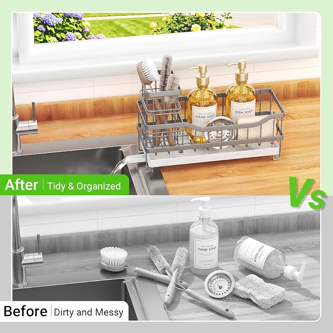 Sink Caddy, Sponge Holder for Kitchen Sink, Gray | Self-draining Sink Organizer with Removable Brush Holder, Metal Sponge Rack for Countertop, Fits Soap Dispenser & Scrubber
