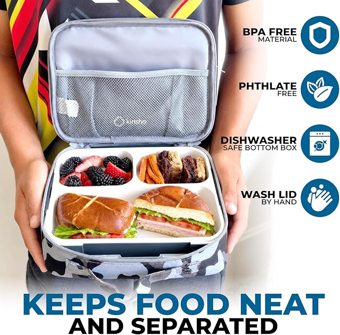Bento Lunch Box For Adults and Kids, 3 Compartment Food Container for Work, School, Slim Modern Meal Prep Portion Control Boxes Japanese Style, Fits Sandwich, Ideal for Boys Teens, Grey - Black