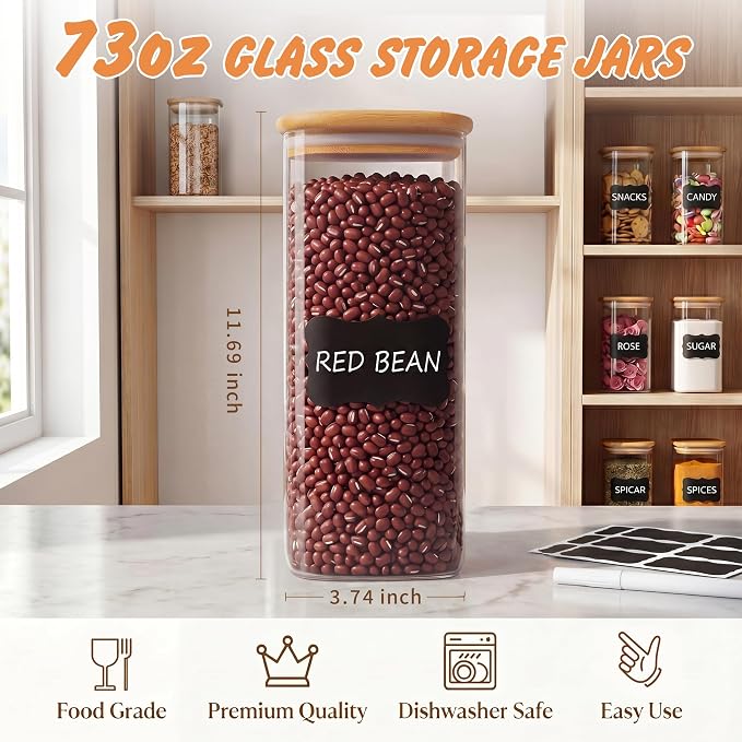 SENTVEND 73 Oz Glass Jars - 3 Pack Food Storage Containers with Lids Square | Food-grade durable clear canister, Bamboo seal cover, Stackable, BPA-Free, Ideal for sorting oats, Coffee beans, Pasta & More