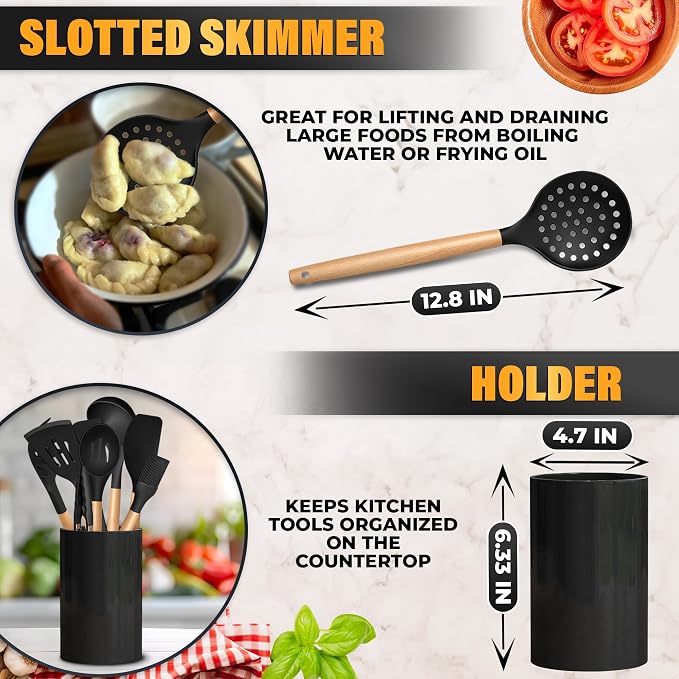 14 Pcs Black Kitchen Utensils Set with Holder for Nonstick Cookware | Silicone Cooking Utensils Set for BBQ; Heat-Resistant Tools with Wooden Handles for Baking, Serving, Frying, and Mixing