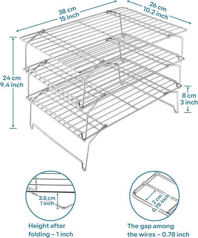 Leonyo 3-Tier 15x10IN Cookie Cooling Rack for Cooking Stackable Collapsible | Stainless Steel Cookie Cooling Racks For Cooking Baking, Wire Cookies Rack for Drying Pizza with Raised Legs, Dishwasher Safe