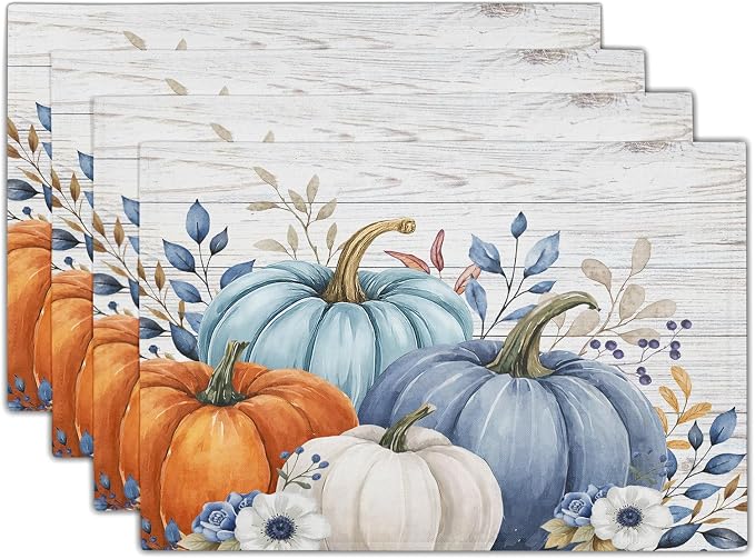 Thanksgiving Placemats Set of 4 18x12 Inch Fall Blue Pumpkin Linen Place Mats Heat-Resistant Washable Wipeable Autumn Leaf Floral Wood Grain Table Mat for Party Kitchen Dining Room Dinner Table Decor