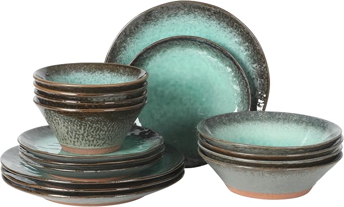 Gibson Elite Green Lantern Service for 4 (16 Piece) Double Bowl Dinnerware Set, Teal, Soft Gray, Dinnerware Set