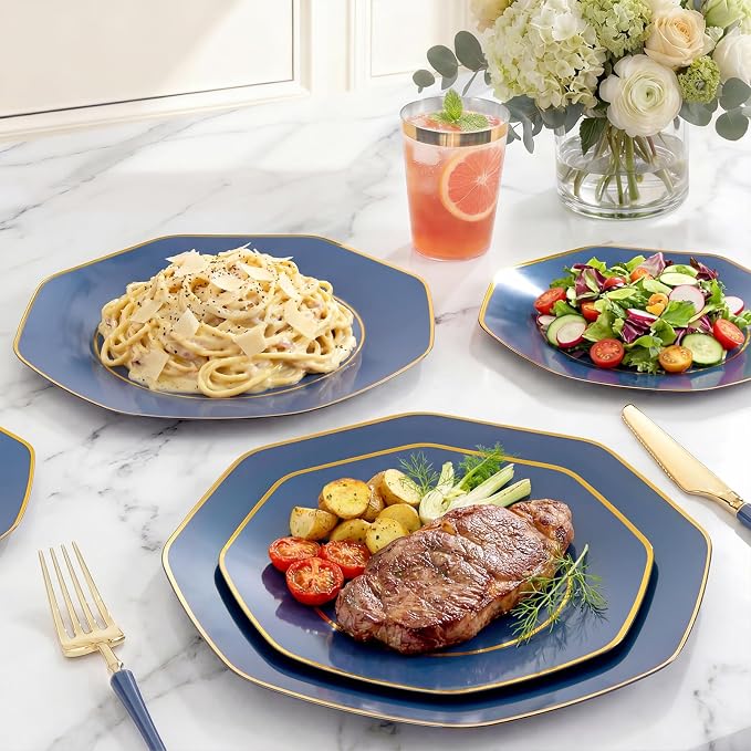 KIRE 140Pcs Blue Plastic Plates with Gold Rim - Navy Blue Plates for Party | Include 40pcs Blue and Gold Plates, Gold Plastic Silverware with Blue Handle&Clear Cups&Hand Napkin for Wedding