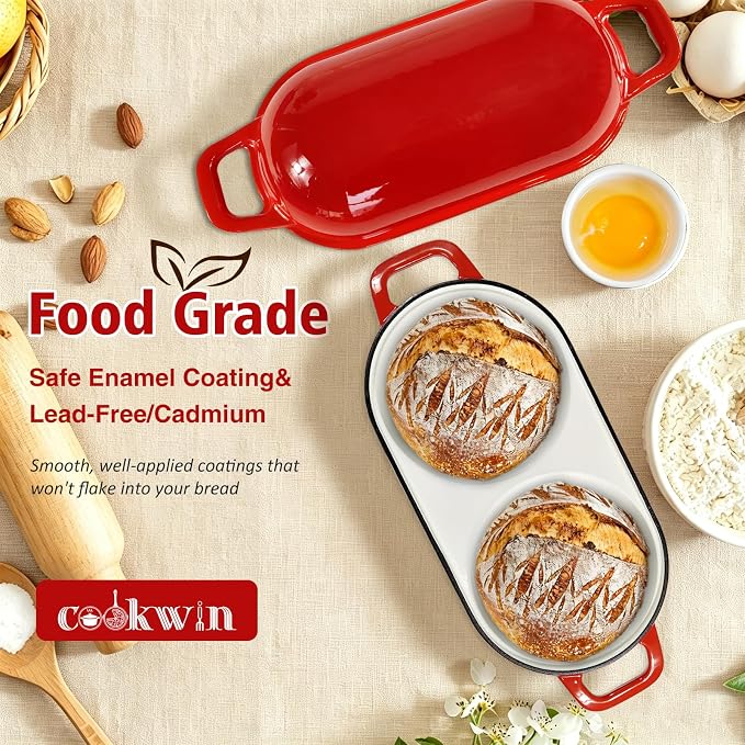 2.7 QT Enameled Cast Iron Bread Oven with Lid, Double Loaf Dutch Oven for Sourdough Bread Baking, Bake Two Artisan Mini Loaves at Once, Steam Locking Lid, Non-Stick Easy Clean, Oven Safe 500°F