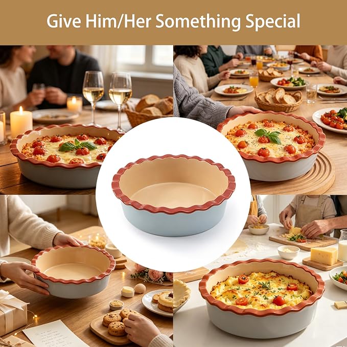 9 Inch Ceramic Pie Pan for Baking - 60 OZ Deep Stoneware Baking Dish -Oven to Table Farmhouse Style Pie Plate for Apple Pie,Tart, Quiche, Chicken Pot Pie(Sky Blue)