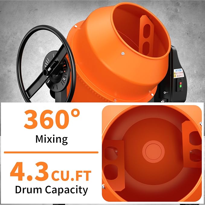 120L Electric Cement Mixer, 4.3 Cubic Ft. 450W 3/5HP Portable Concrete Mixer Machine with Stand And Wheels for Stucco, Mortar, Seeds, Orange