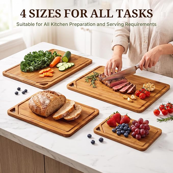 GASHELL Bamboo Cutting Board Set with Beeswax Coating for Kitchen(S+M+L+XL) | Deep-Carbonized Chopping Board with Juice Grooves, Non-toxic, Lightweight, Reversible, Meal Prep & Serving