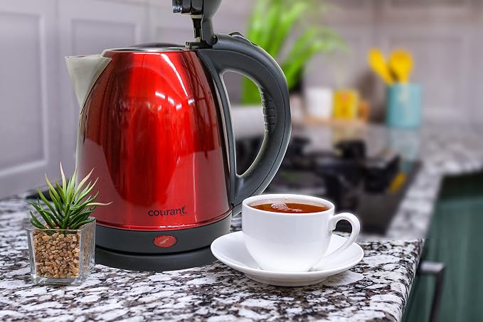 Courant 1.5 Liter Kettle Red Stainless Steel Cordless Electric Kettle with 360 Degree Rotational Body, Automatic Safety Shut-Off, Perfect for Tea/Coffee/Hot Chocolate/Soup/Hot Water