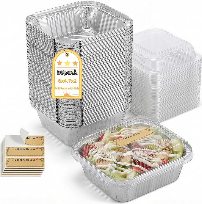 Gyreuni 50 Pack Mini Aluminum Loaf Pans with Lids Kit,6 X 4.7inch | 50 Pack Disposable Aluminum Loaf Pans with Lids and Stickers,idea for Brownies Mini Cakes Meal Prep Oven/Freezer Safe
