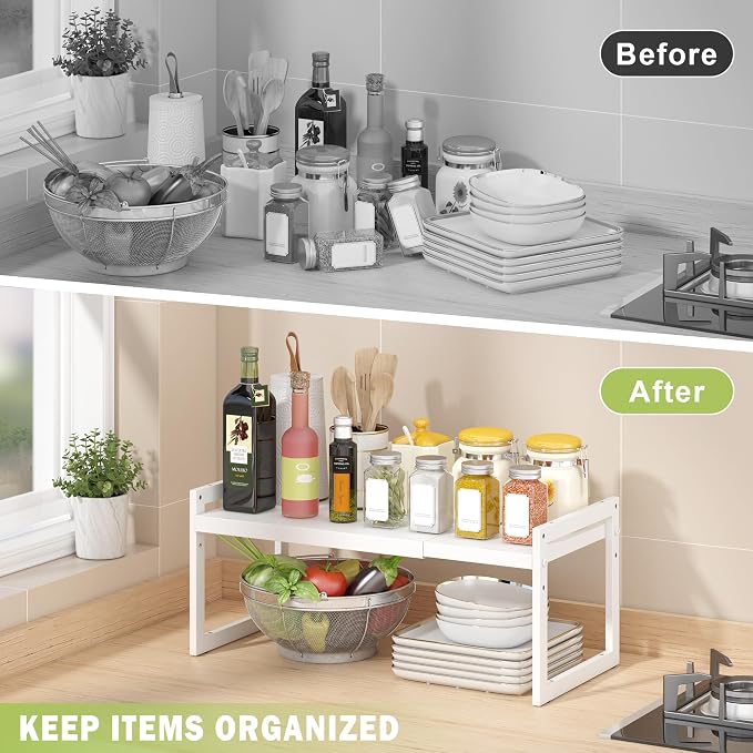 Expandable Cabinet Shelf Organizer, Stackable Kitchen Counter Shelf, White | Space Saving Metal Pantry Storage Racks for Kitchen Spice Rack Pans and Untensils Bathroom Office Organization, 2-Tier