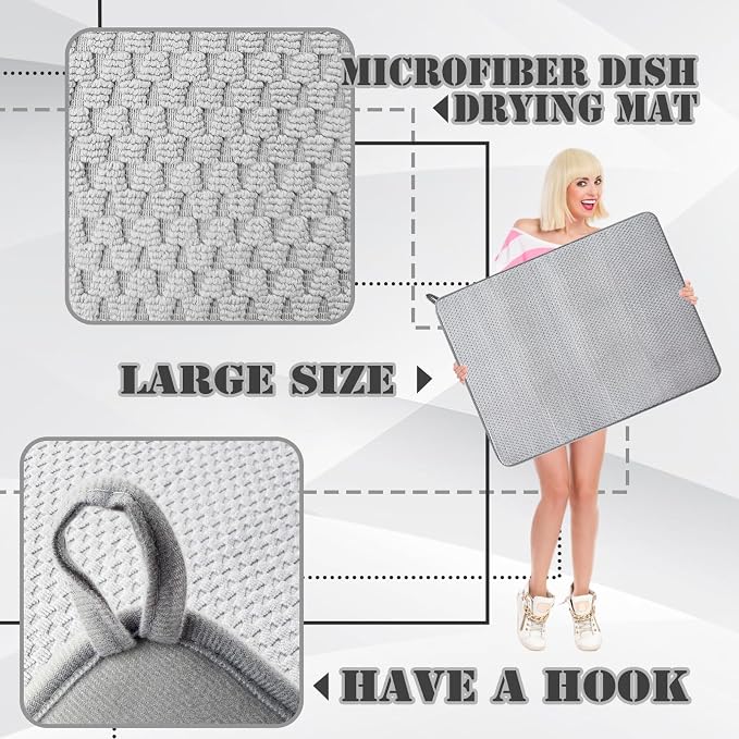 2 Pack Extra Large Microfiber Dish Drying Mat,30 x 24 Inch,Gray | Super Absorbent Drying Pad for Countertops,Sinks,Draining Racks