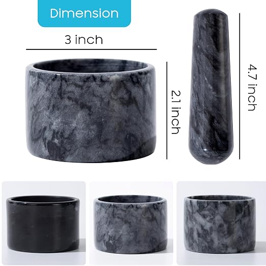 Marble Mortar and Pestle Set, 3 inch Pill Crusher Grinder Fine Powder | Mortar and Pestle with Brush & Spoon for Pills Herbs Spices | Easy to Grip | Gets a Fine Grind Easily, Arthritic Hands（Black）