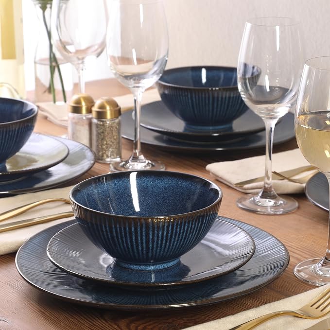 Gibson Elite Midnight Lune Plates and Bowls Sets, 12-Piece Stoneware Dinnerware Sets, Reactive Glaze Dish Set - Blue