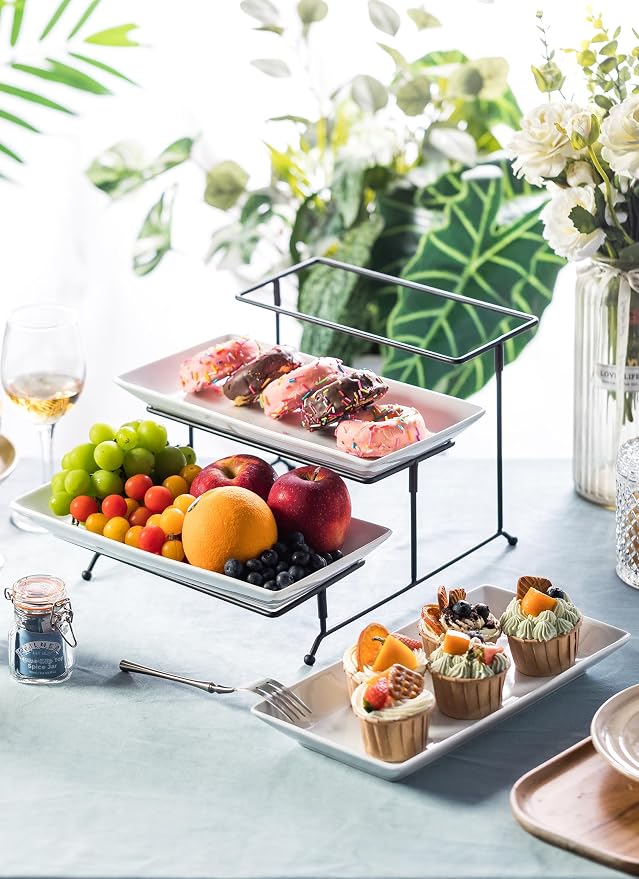 LYEOBOH 3 Tier Serving Tray, Tiered Serving Tray, Platters for Food Display | Tiered Serving Stand and Platters Set, 12 Inches Tier Serving Platter for Party, Dessert, and Cupcake, with Collapsible Rack