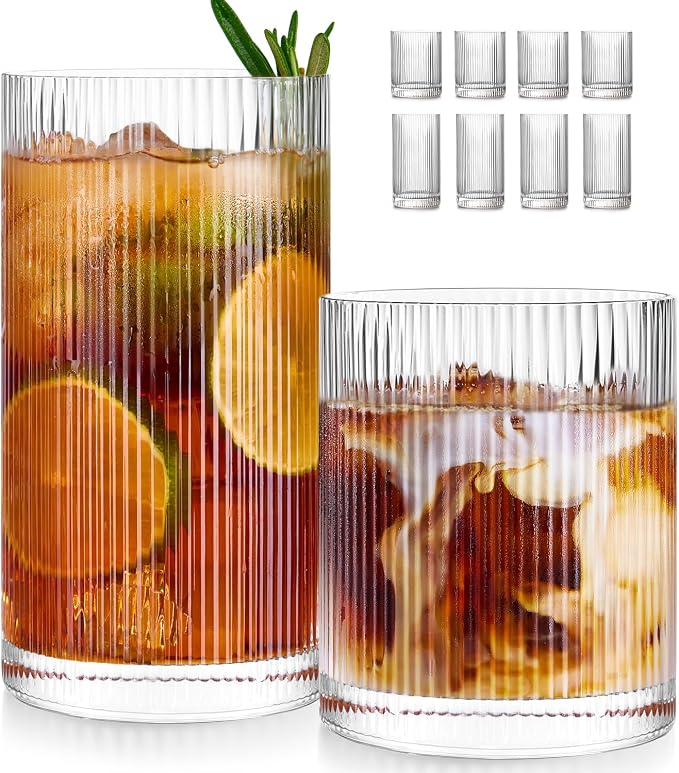Ribbed Drinking Glasses Cups Set of 8 Large Capacity Highball 17oz&12oz | Rocks Cocktail Glasses Ideal for Beer, Juice, Water, Ice Coffee Cup, Whiskey, Mixed Drinkware