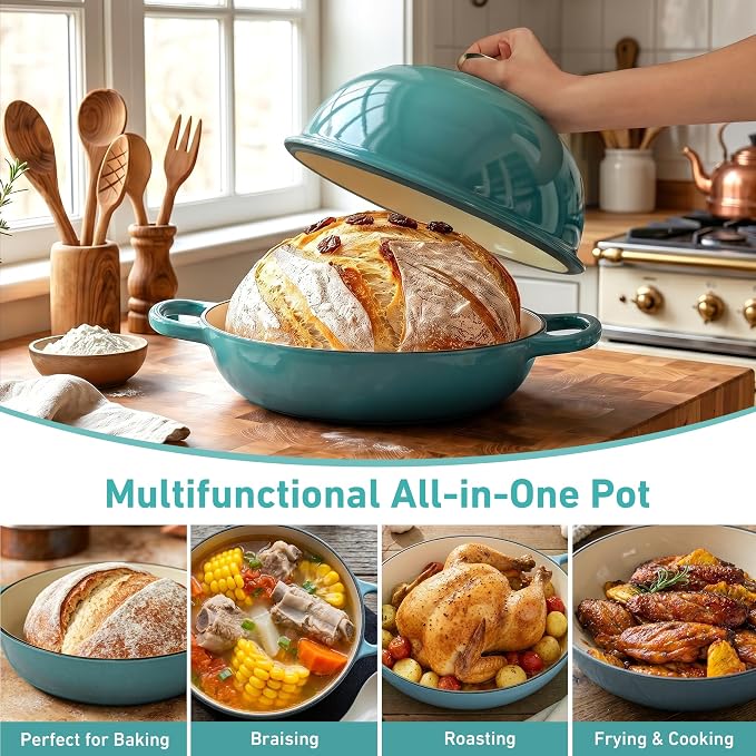 Enameled Bread Oven with Lid, 6 Quart Cast Iron Dutch Oven for Sourdough Baking, Round Heavy Duty Cast Iron Pot with Dome Lid, Seasalt