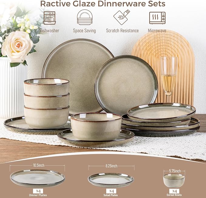 GBHOME Dinnerware Sets for 4, 12 Pieces Ceramic Plates and Bowls Set | Scratch Resistant Stoneware Dishes Set, Dishwasher & Microwave Safe, Reactive Glaze-Oatmeal