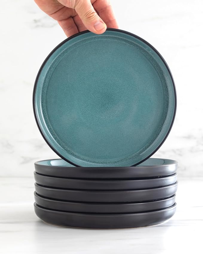Stoneware Dinnerware Set for 4, 12 Piece Plates and Bowls Set - Handmade Reactive Glaze, Chip & Scratch Resistant Sets - Dishwasher Microwave Safe, Modern Kitchen Dinner Service in Dark Petrol Blue