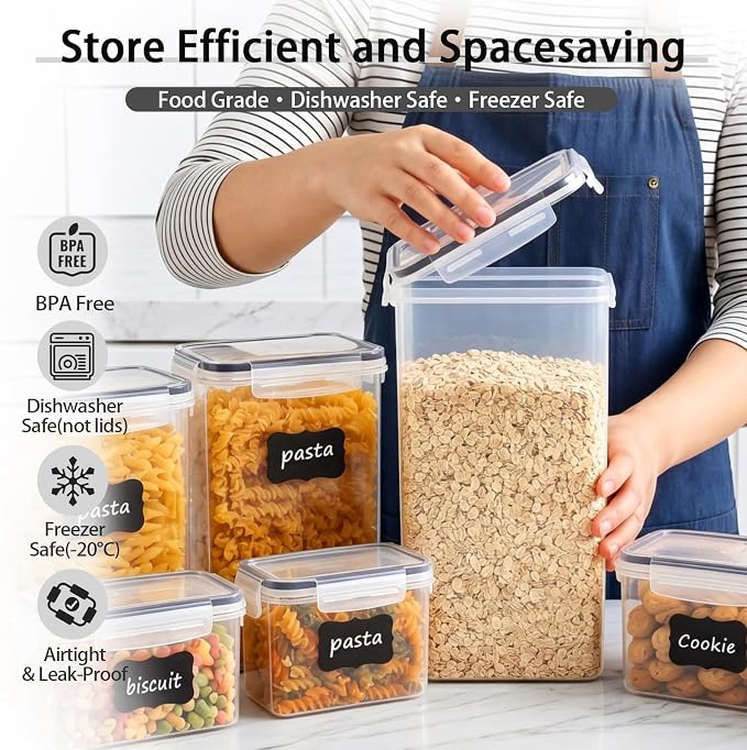 15 PCS Airtight Food Storage Containers with Lids, Plastic Kitchen and Organization Canisters for Cereal, Dry Food, Flour and Sugar, BPA-Free, PVC-Free, Includes Labels & Marker