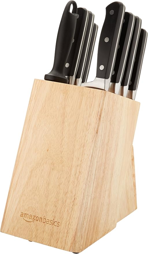 Amazon Basics 9-Piece High-Carbon Stainless Steel Kitchen Knife Set with Ergonomic Handles, Full Tang Construction, Pine Wood Block, Black
