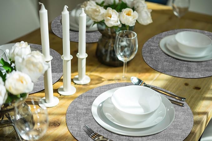 Round Faux Leather Placemat and Coaster 8 Packs, Washable Heat Resistant Dining Place Mats, Wipeable Double-Sided Table Mats for Indoor and Outdoor, Diameter 13 and 3.93 inch, Light Grey
