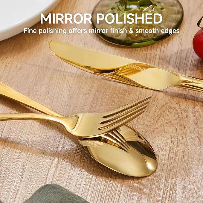 HIKAA Gold Silverware Set for 8, 40 Piece Heavy Duty 18/10 Stainless Steel Flatware Cutlery Set, Mirror Polished Knives Forks and Spoons, Dishwasher Safe for Home Kitchen Wedding