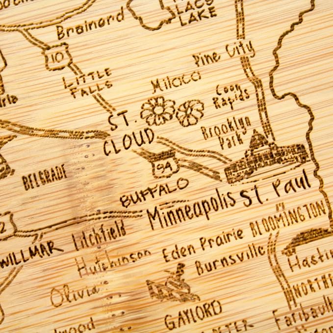 Totally Bamboo A Slice of Life Minnesota Engraved Map Cutting Board | 11” x 8.75” charcuterie board with engraved state map artwork. Smooth reverse side for food prep. Hang tie for wall display.