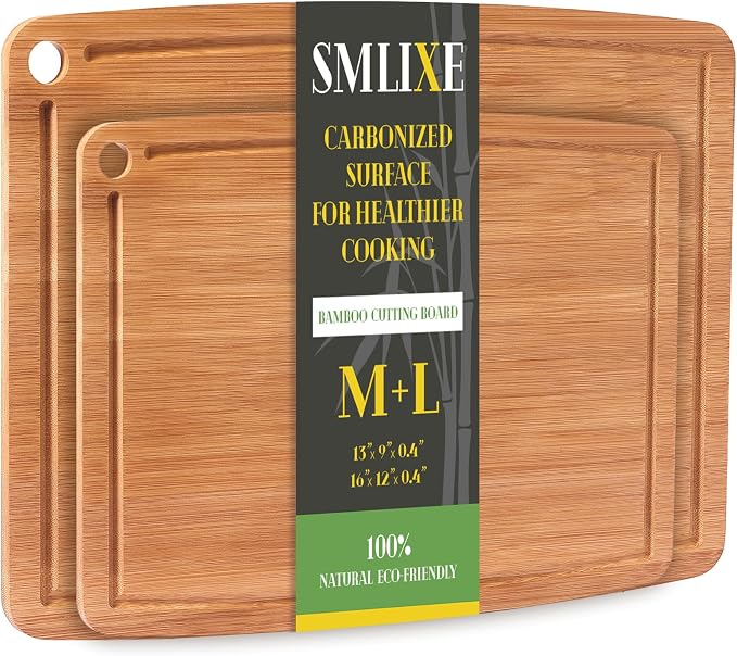 Bamboo Cutting Boards for Kitchen Set of 2, Carbonized Wood Cutting Board Set with Deep Juice Groove for Chopping Meat, Vegetables, Fruits, Nuts, Lightweight & Durable, Ideal Kitchen Gift