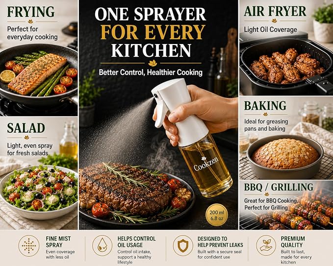 Oil Sprayer for Cooking, 200-ml | Avocado Oil Spray Bottle, Refillable, Reusable Fine Mist Spray Bottle for Air fryer, BBQ, Salad, Baking (white)