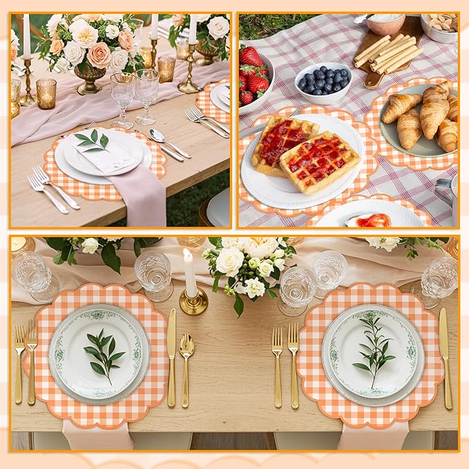 60 Pcs Orange and White Gingham Paper Placemats, Disposable Fall Placemat | 13.5 Inch Scalloped Checkered Place Mats Table Decorative for Picnic Table Setting BBQ Birthday Banquet Outdoors Party