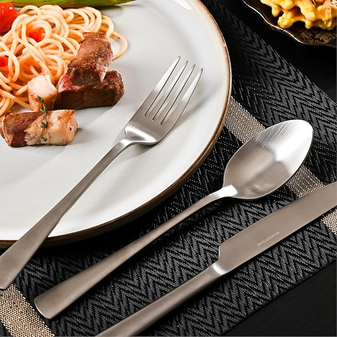 18/10 Flatware set for 12, 60 Piece Matte Stainless Steel Silverware Set | KINGSTONE Forged Flatware Cutlery Set, Mirror Polished Knives Fork and Spoon Utensils, Dishwaher Safe for Home Wedding Party