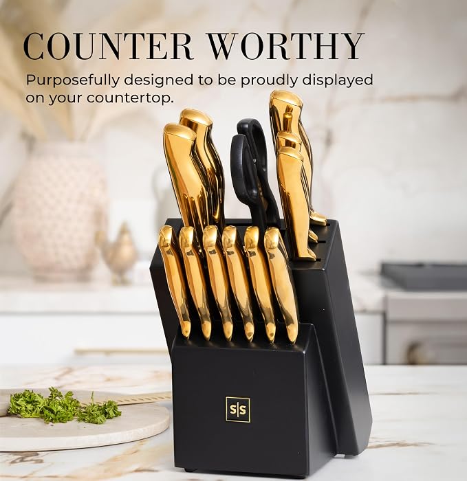 Styled Settings Gold Knife Set with Block and Built-In Sharpener, 14-Piece | Full Tang Titanium-Coated Stainless Steel Gold Kitchen Knife Set with Self-Sharpening Block, Gold Kitchen Accessories