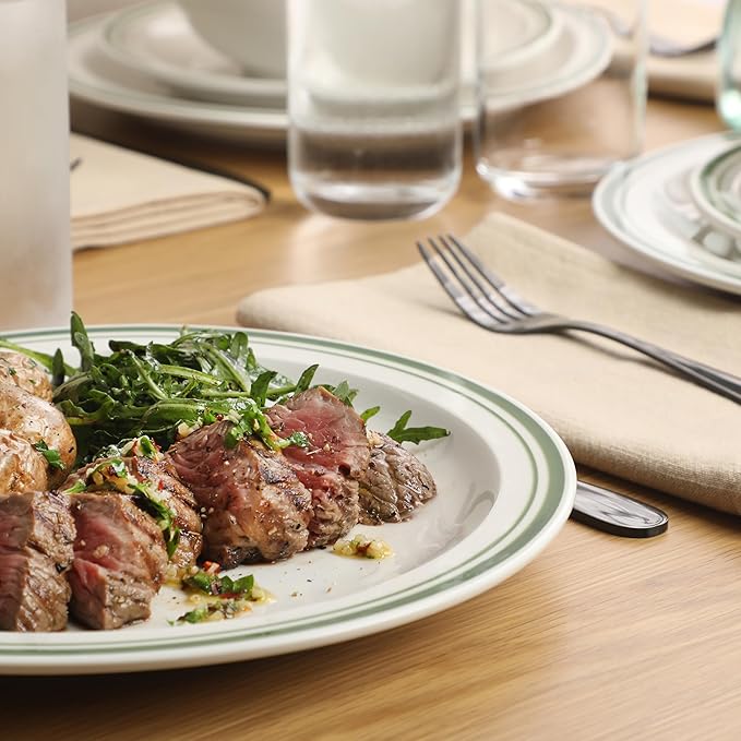 Gibson Home Hometown Diner 12-Piece Porcelain Dinnerware Set, Round Plates and Bowls Set for 4, White with Green Rim, Dishwasher Safe – Dinner Plate, Salad Plate & Cereal Bowl