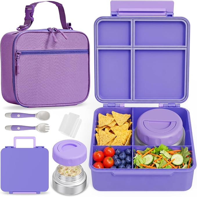 Bento Box for Kids with Thermo Food Container (9oz), 4-Compartment Lunch Box, Adjustable Divider, Leakproof Bento Lunch Box, Includes Utensils & Carry Bag for School, Office(Purple)